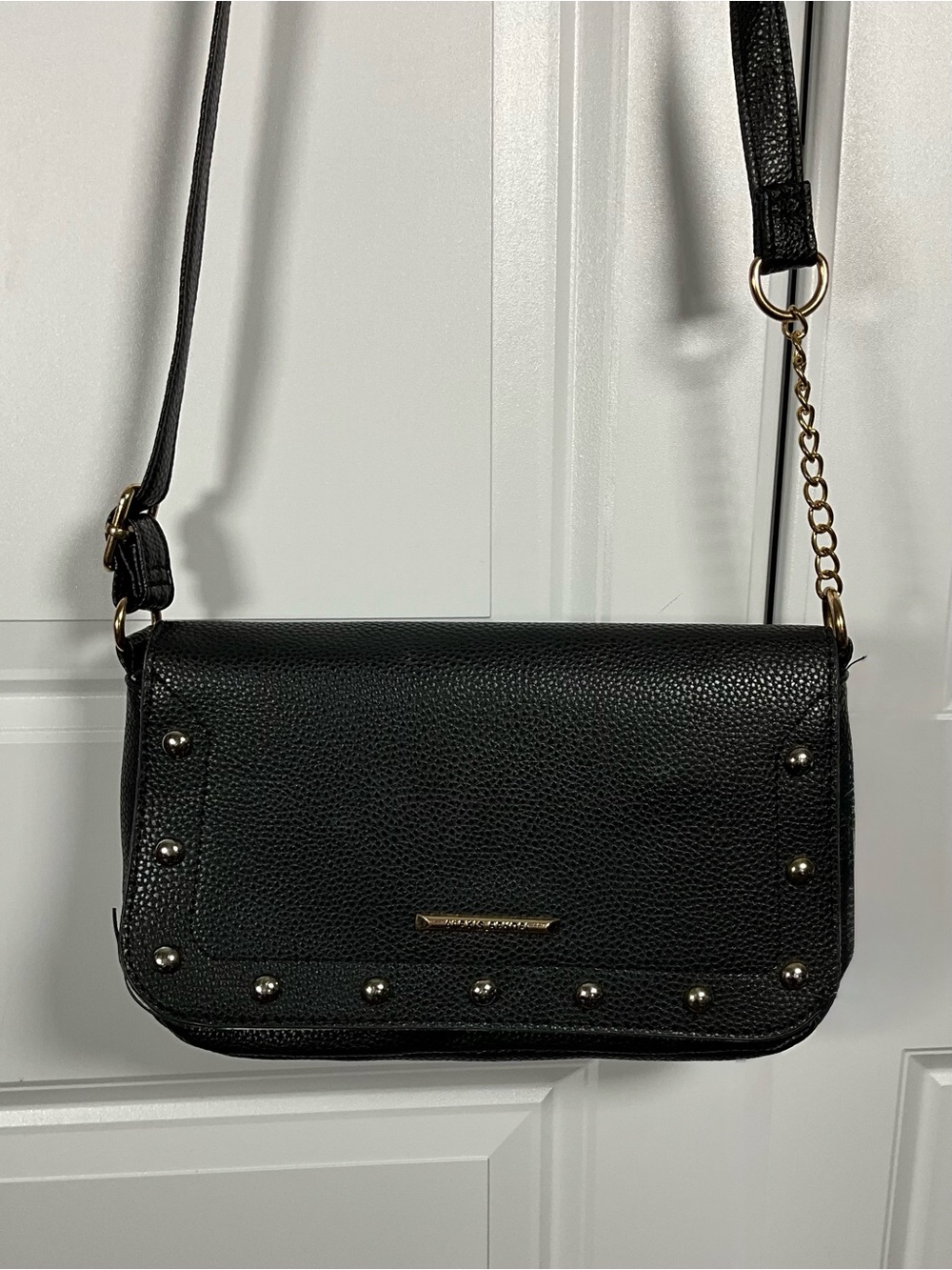 Alexis Bendel Black Studded Flap Crossbody Bag Pebbled Faux Leather Chain Strap